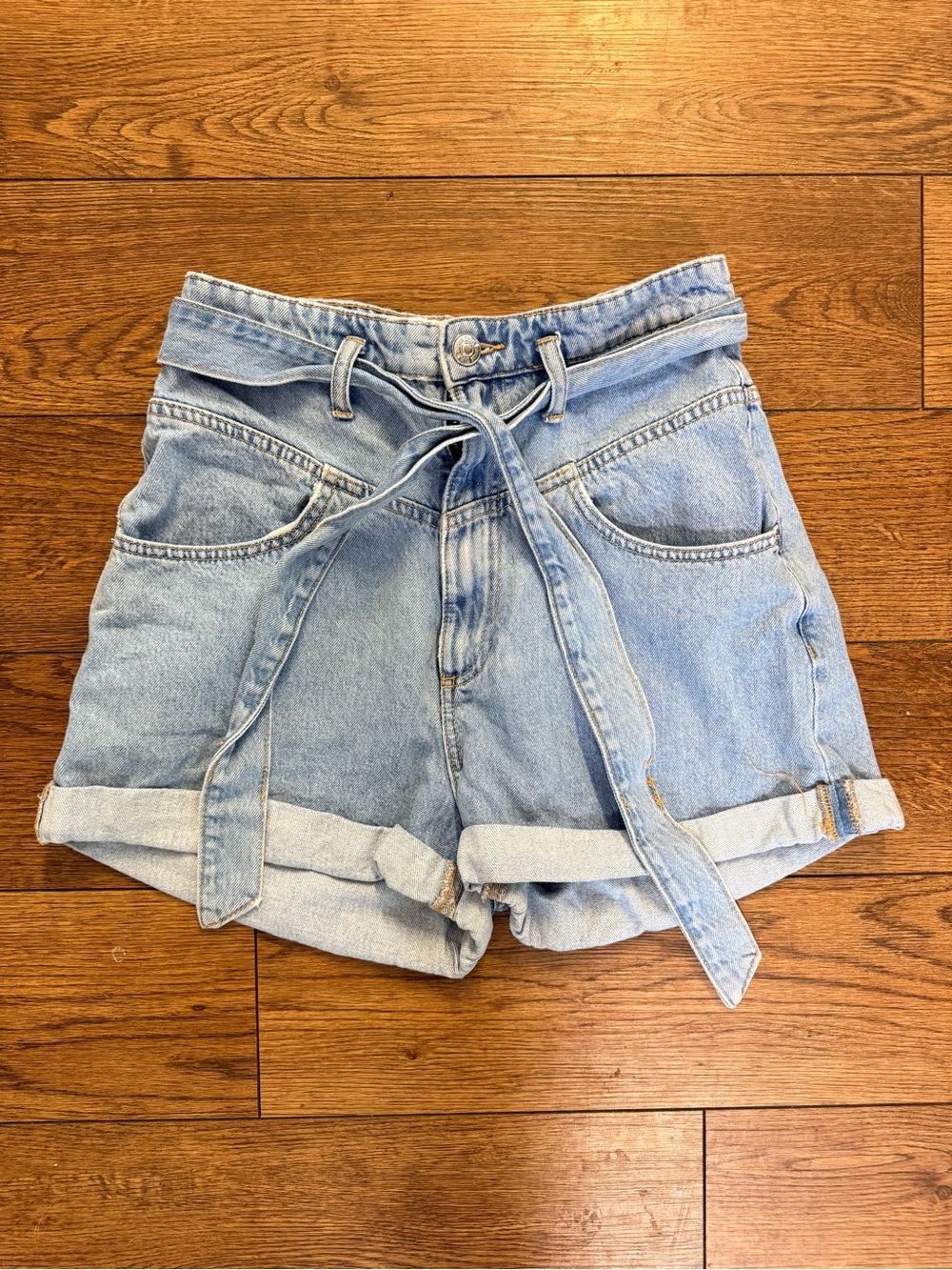 Zara High-Waist Light Blue Denim Tie-Belt Shorts